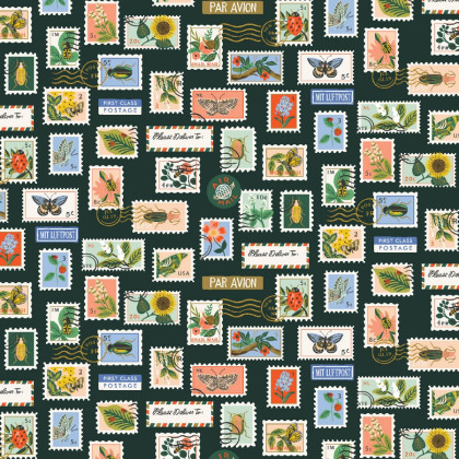 Tissu Rifle Paper motif timbres poste fond graphite - collection Curio