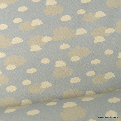 Tissu toile bachette motifs nuages fond gris