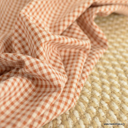 Tissu seersucker Vichy petits carreaux caramel et écru
