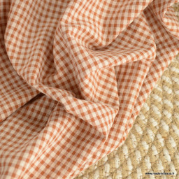 Tissu seersucker Vichy petits carreaux caramel et écru