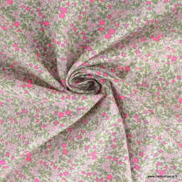 Popeline Bio & oeko tex motifs fleurs rose fluo