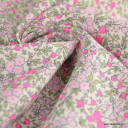 Popeline Bio & OEKO TEX motifs fleurs rose fluo