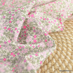 Popeline Bio & OEKO TEX motifs fleurs rose fluo