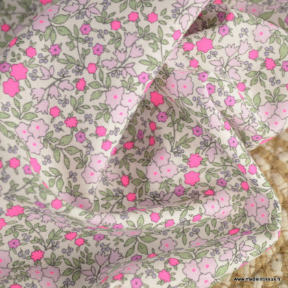 Popeline Bio & oeko tex motifs fleurs rose fluo