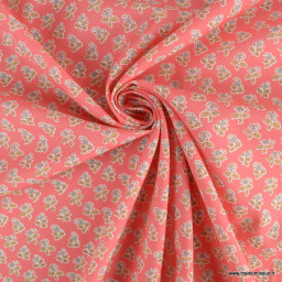 Popeline Bio & OEKO TEX motifs fleurs block print fond rose