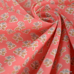 Popeline Bio & OEKO TEX motifs fleurs block print fond rose