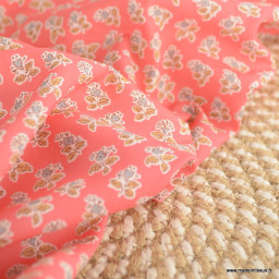 Popeline Bio & oeko tex motifs fleurs block print fond rose