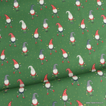 1 coupon de 52 cm  Tissu de Noël motif lutins fond vert - Oeko tex