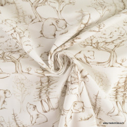 Popeline Ours de la foret magique fond blanc -  OEKO TEX
