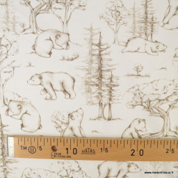 Popeline Ours de la foret magique fond blanc -  OEKO TEX