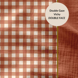 Tissu Double gaze Vichy réversible Cognac et blanc cassé - oeko tex