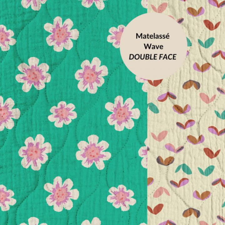 Tissu Matelassé Mafleur motif fleurs fond jade envers écru - oeko tex