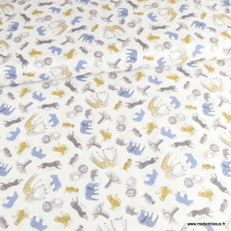 Tissu coton Baobab motif animaux de la savane et Baobabs fond blanc