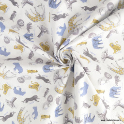 Tissu coton Baobab motif animaux de la savane et Baobabs fond blanc