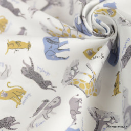 Tissu coton Baobab motif animaux de la savane et Baobabs fond blanc
