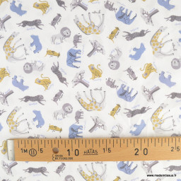 Tissu coton Baobab motif animaux de la savane et Baobabs fond blanc