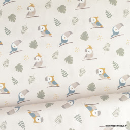 Tissu coton Kids motif perroquets et feuilles exotiques fond gris