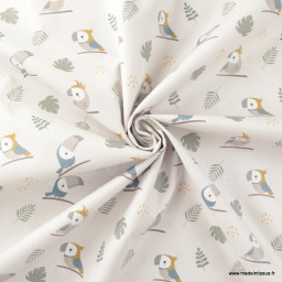 Tissu coton Kids motif perroquets et feuilles exotiques fond gris