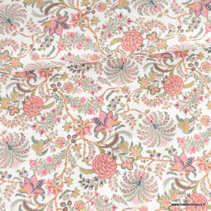 Tissu coton Palopa motif fleurs Indiennes roses fond blanc