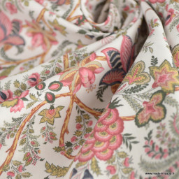 Tissu coton Palopa motif fleurs Indiennes roses fond blanc