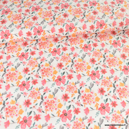 Tissu coton Felis motif fleurs aquarelle roses fond blanc