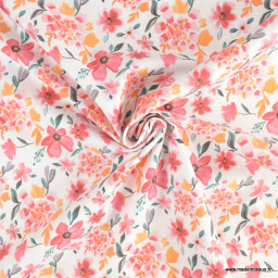 Tissu coton Felis motif fleurs aquarelle roses fond blanc