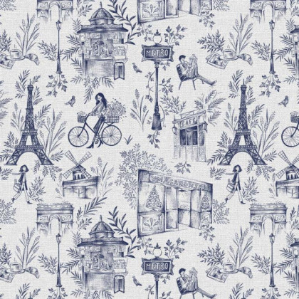Tissu demi natté coton Baguette type bachette motif Paris, Tour Eiffel, kiosques à journax bleu et blanc - oeko tex
