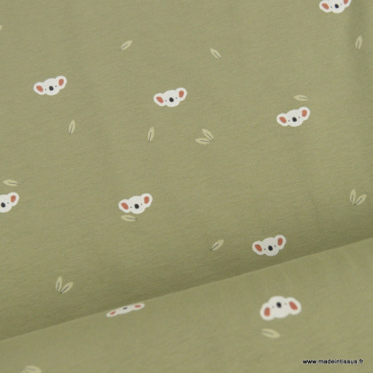 Tissu jersey motif koalas fond tilleul - Oeko tex standard 100