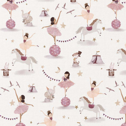 Tissu coton Equilibriste motif danseuse au cirque Violet et blanc - oeko tex