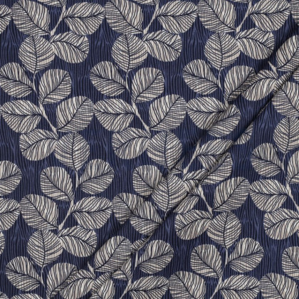 Tissu coton Enduit motifs feuillage fond bleu -  Oeko tex