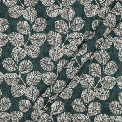 Tissu coton Enduit motifs feuillage fond vert foncé