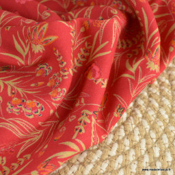 Tissu Viscose Rama motifs fleurs rose et orange - Oeko tex