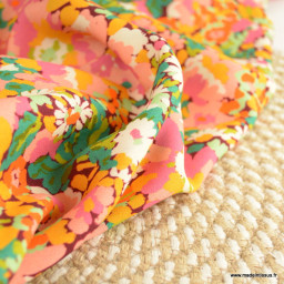 Tissu Viscose Imprimé Liberty - Motifs Fleuris Rose, Orange, Vert, Bleu, 1.50m De Large