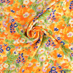 Tissu Viscose Silène motifs fleurs Orange et écru - Oeko tex