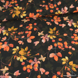 Tissu Viscose motif baies et feuilles fond Noir