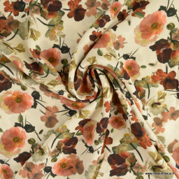 Tissu Viscose motif fleurs orangées fond écru