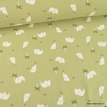 Tissu Double gaze Sheena motif éléphants et palmier fond vert amande - oeko tex