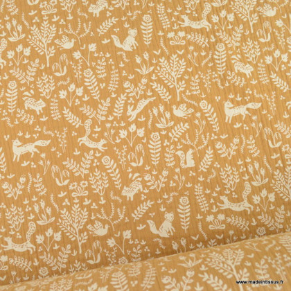 Tissu Double gaze Tolly motif animaux et feuillage fond Camel - oeko tex