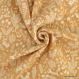 Tissu Double gaze Tolly motif animaux et feuillage fond Camel - OEKO TEX