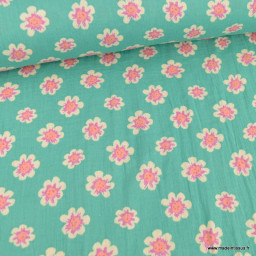 Tissu Double gaze Mafleur motif fleurs roses fond Jade - oeko tex
