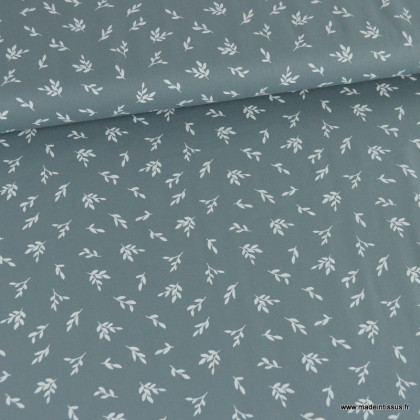 Tissu popeline motifs petites feuilles fond bleu denim - Oeko tex