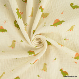 Tissu Double gaze Didi motif dinosaure fond Ecru - OEKO TEX
