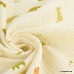 Tissu Double gaze Didi motif dinosaure fond Ecru - OEKO TEX