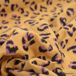 Double gaze Fauve motif léopard violet fond marron - oeko tex