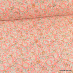Voile de coton élasthanne motif fleurs indiennes fond rose - oeko tex