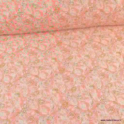 Voile de coton motif fleurs indiennes fond rose - oeko tex