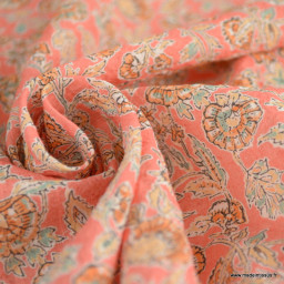 Voile de coton élasthanne motif fleurs indiennes fond rose - oeko tex