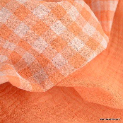 Tissu Double gaze Vichy réversible Clementine et blanc cassé - oeko tex