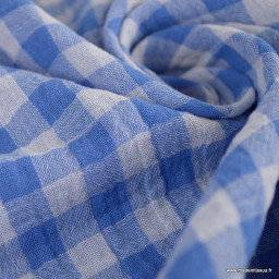 Tissu Double gaze Vichy réversible Azur et blanc cassé - OEKO TEX