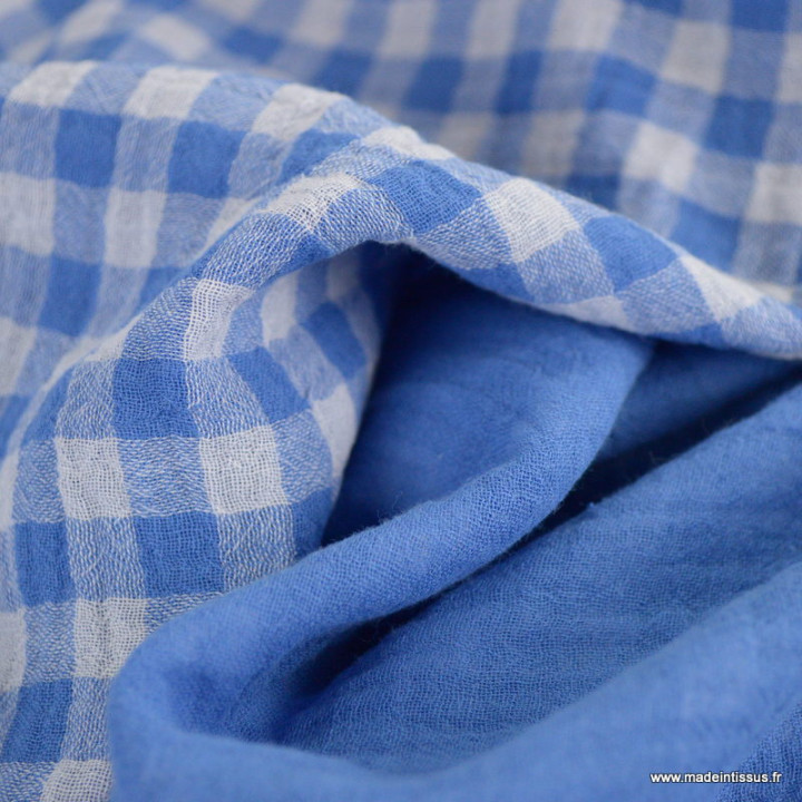 Tissu Double gaze Vichy réversible Azur et blanc cassé - oeko tex